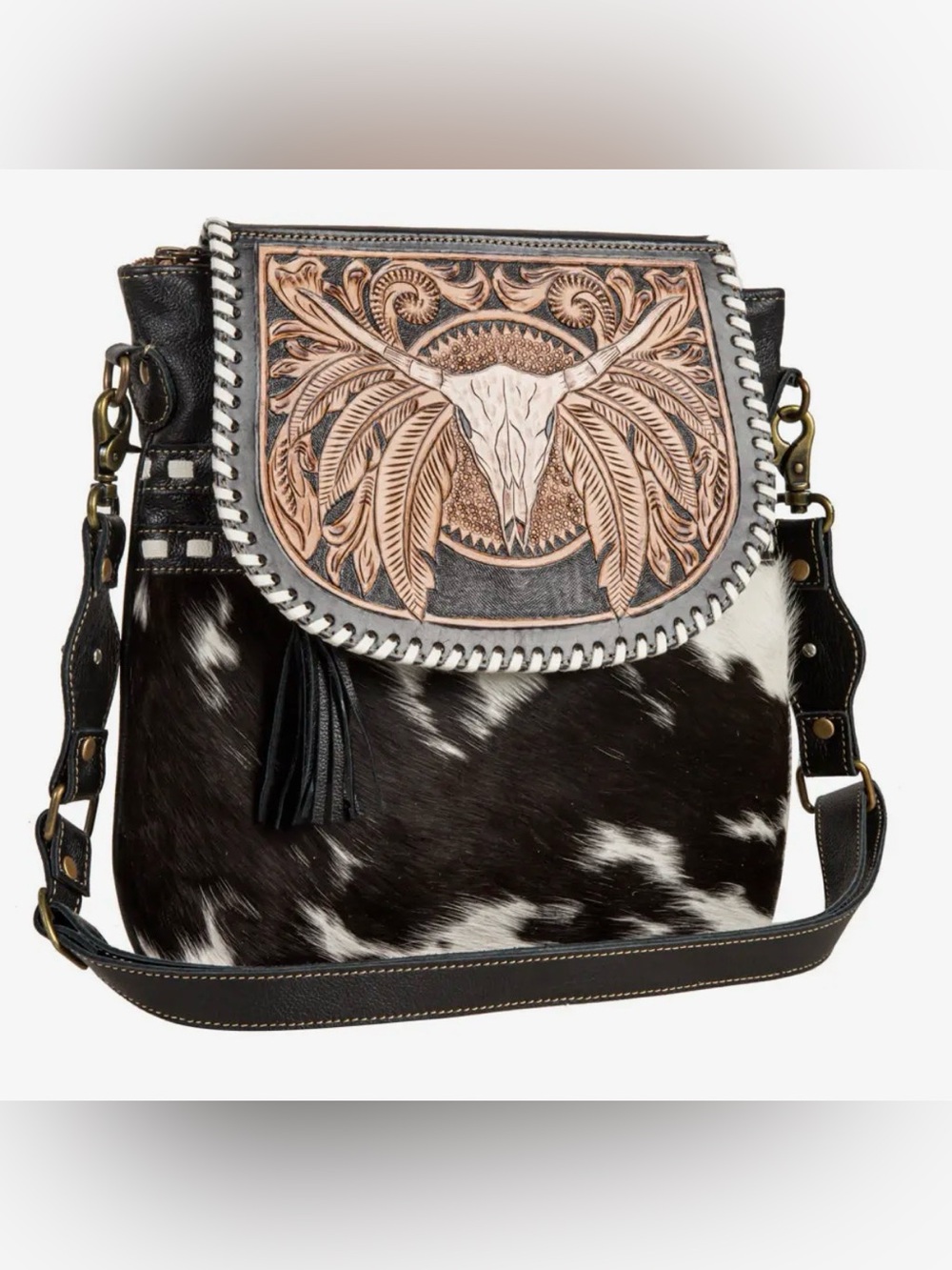 Myra Bag Spirit of the Herd Hand-tooled Leather and Hairon Boho Western Purse